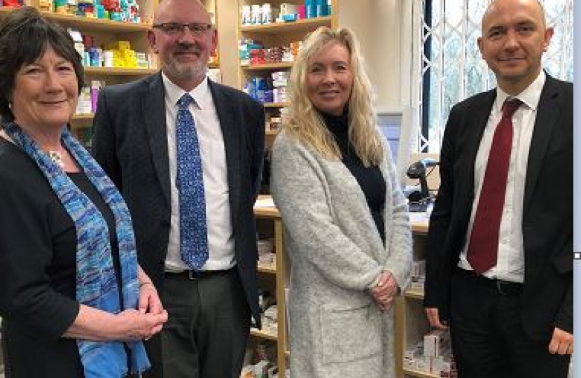 Pauline Latham OBE MP and Ed Scully Deputy Director of GP Policy at the Department for Health visit Wilsons Pharmacy 