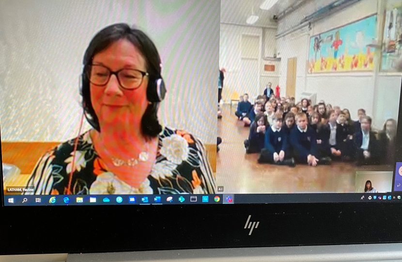 Pauline Latham OBE MP talkSto Years 5/6 at Pottery Primary School about her role as an MP
