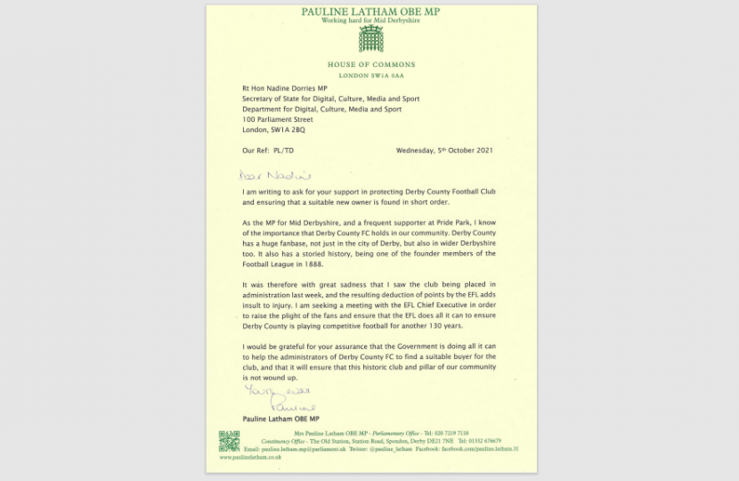 Pauline Latham MP's letter to Culture Secretary