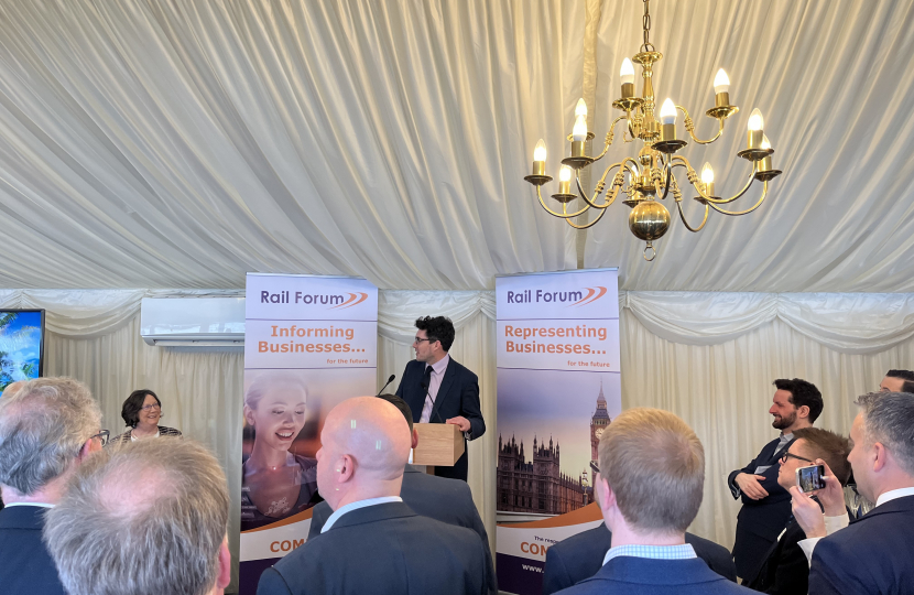 Minister Huw Merriman MP speaking at the Rail Forum