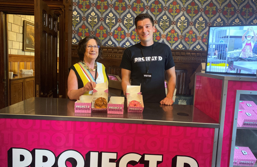 Pauline Latham OBE MP with Project D Doughnuts in Parliament