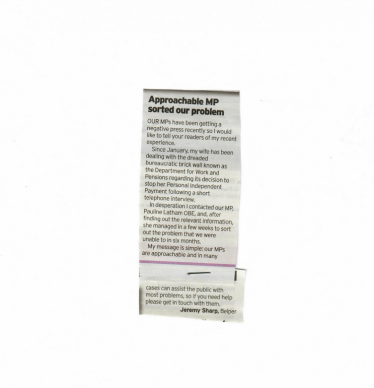 Letter in Derby Telegraph from a constituent