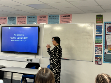 Pauline talks to pupils at The Ecclesbourne School