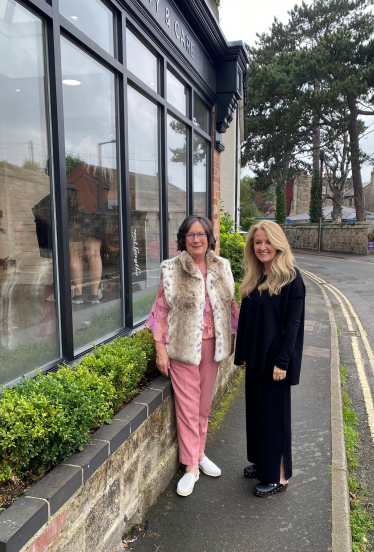 Pauline Latham OBE MP and Sally Montague outside hair salon in Duffield